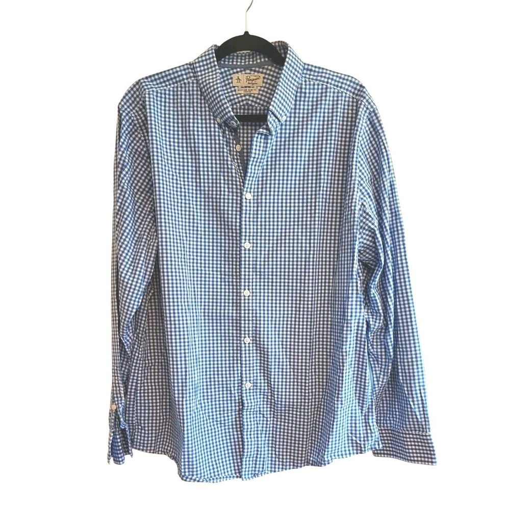 Original Penguin Button Down Shirt Men XL Blue Gingham Heritage Slim Fit Stretch